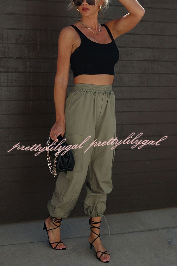 Let's Rewind Nylon Elastic Waist Pocketed Cargo Pants