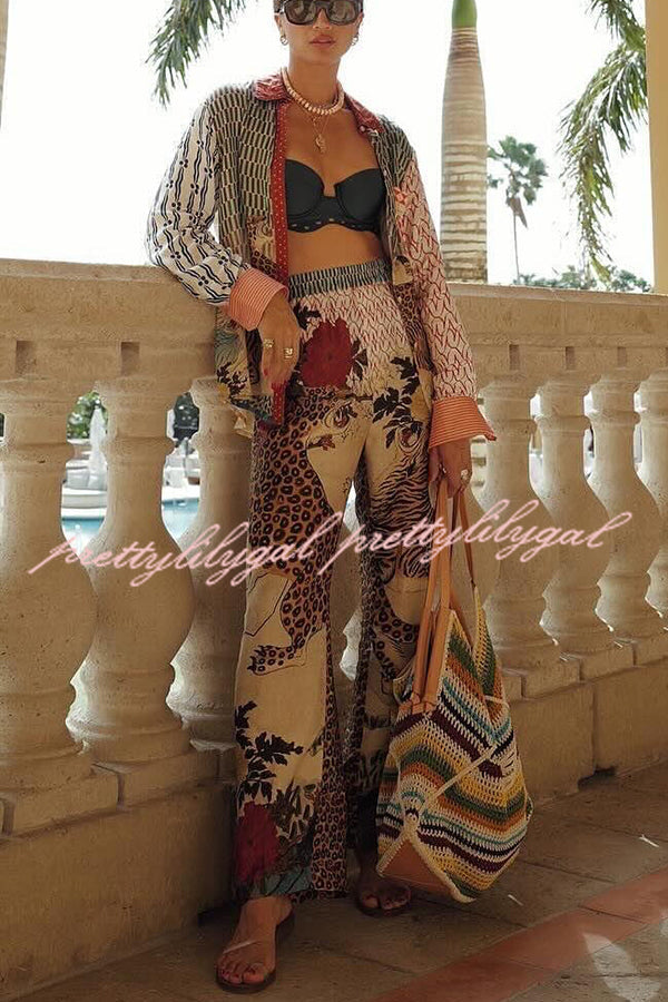 Tropical Jungle Tiger Unique Print Long Sleeve Loose Shirt and Elastic Waist Pants Set