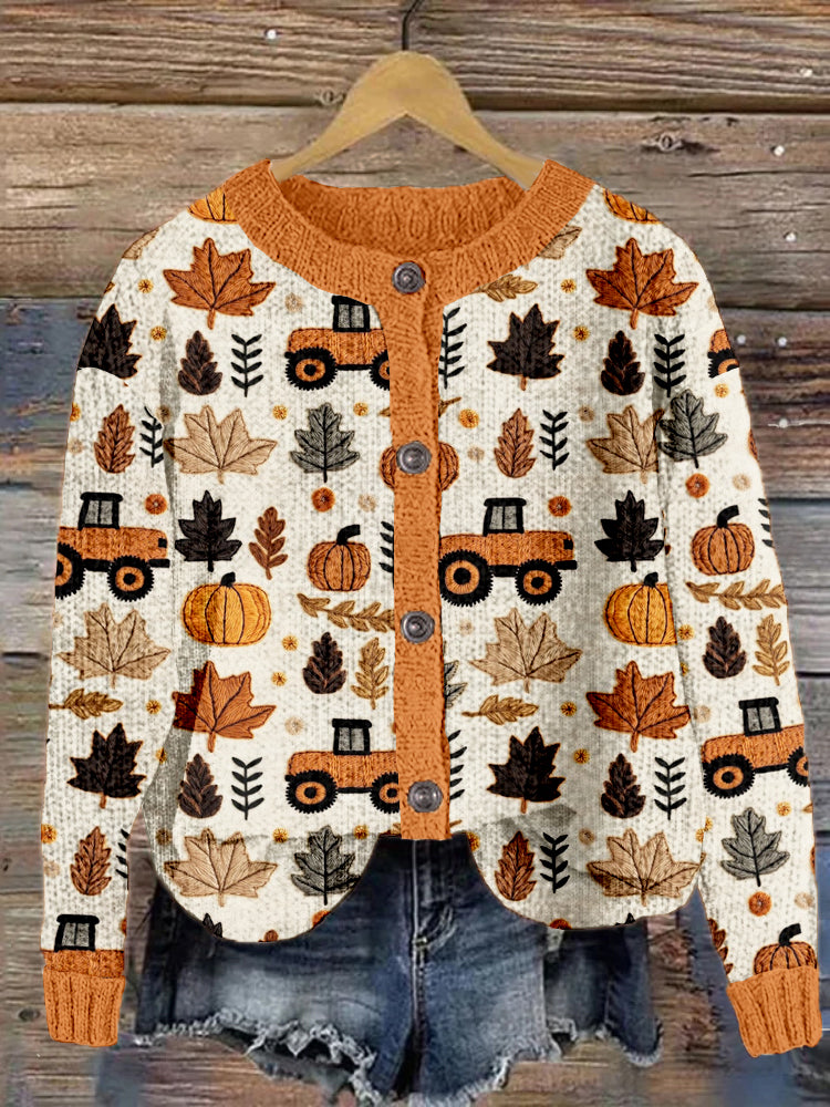 Fall Tractor & Pumpkins Embroidery Cozy Cardigan