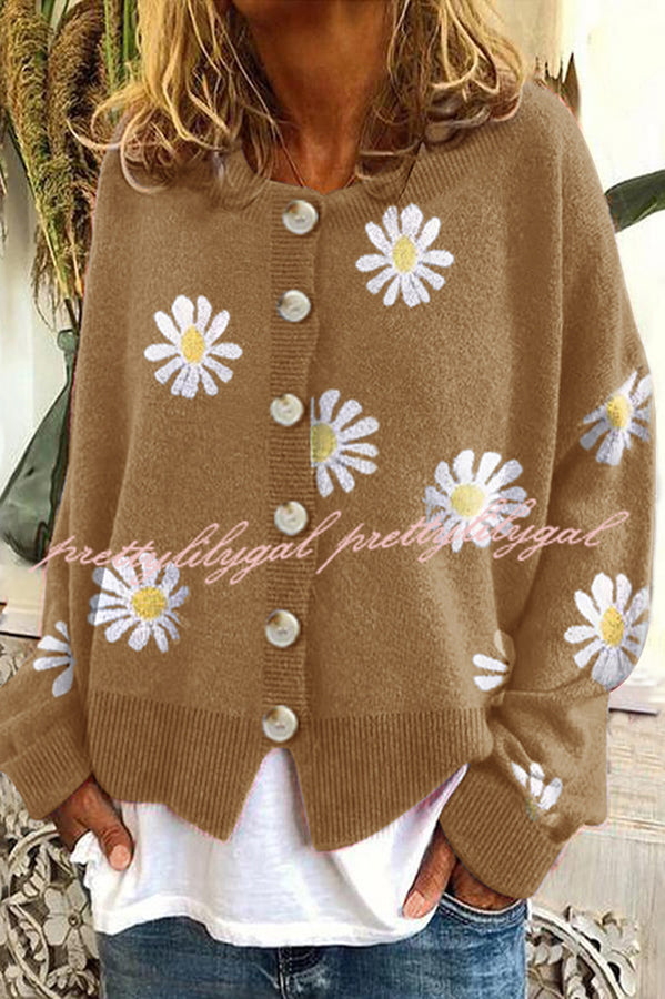 Chrysanthemum Embroidery Knitting Button Down Cardigan Coats