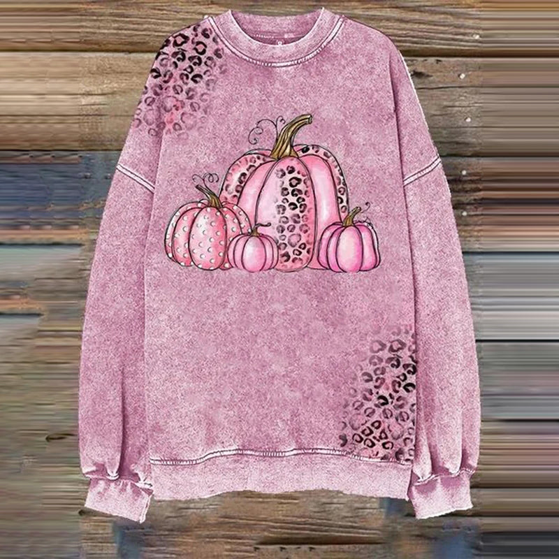 Retro Wear Pink Pumpkin Print Round Neck Sweatshirt