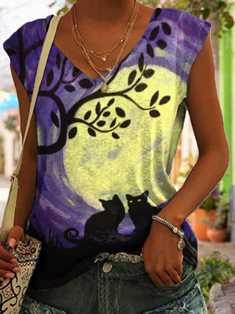 Casual Moon Cat Print Sleeveless Tank Top