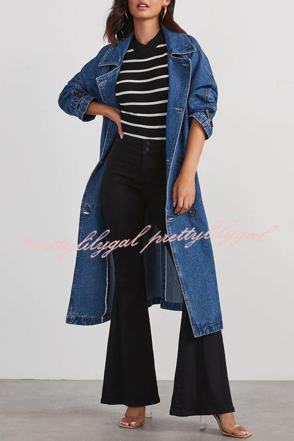 Solid Color Denim Double Pocket Button Down Midi Trench Coat