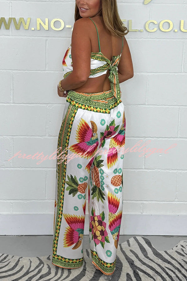 Parrot Satin Unique Print Scarf Tank and Elastic Waist Wide Leg Pants Set