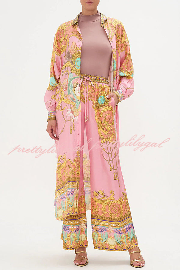 Mermaid Motel Unique Print Long Sleeve Loose Shirt and Elastic Waist Pants Set