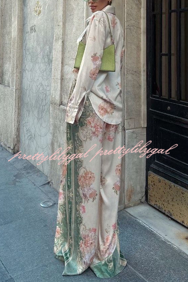 Antibes Satin Court Unique Printed Long Sleeve Loose Shirt and Elastic Waist Pants Set