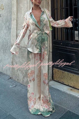 Antibes Satin Court Unique Printed Long Sleeve Loose Shirt and Elastic Waist Pants Set