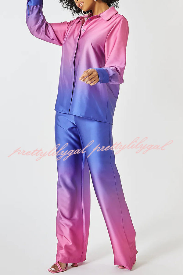 Gradient Long-sleeved Shirt Top and Loose-fitting Pocket Straight-leg Pants Set