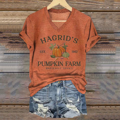 Women's Hagrid's Pumpkin Patch Print V Neck T-Shirt