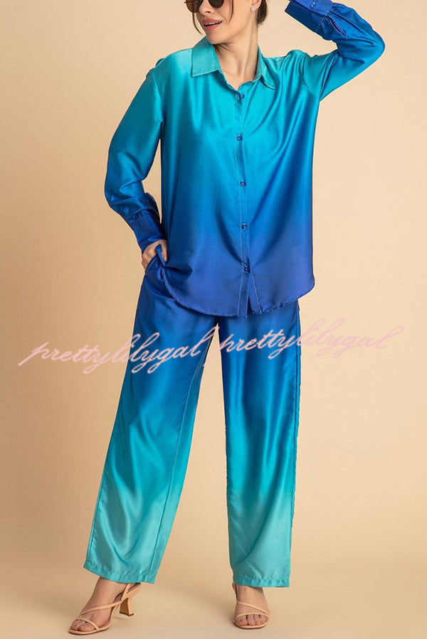 Gradient Long-sleeved Shirt Top and Loose-fitting Pocket Straight-leg Pants Set