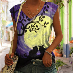 Casual Moon Cat Print Sleeveless Tank Top