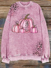 Retro Wear Pink Pumpkin Print Round Neck Sweatshirt