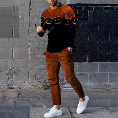 Stylish Halloween Pumpkin Print Long Sleeve T-Shirt And Pants Matching