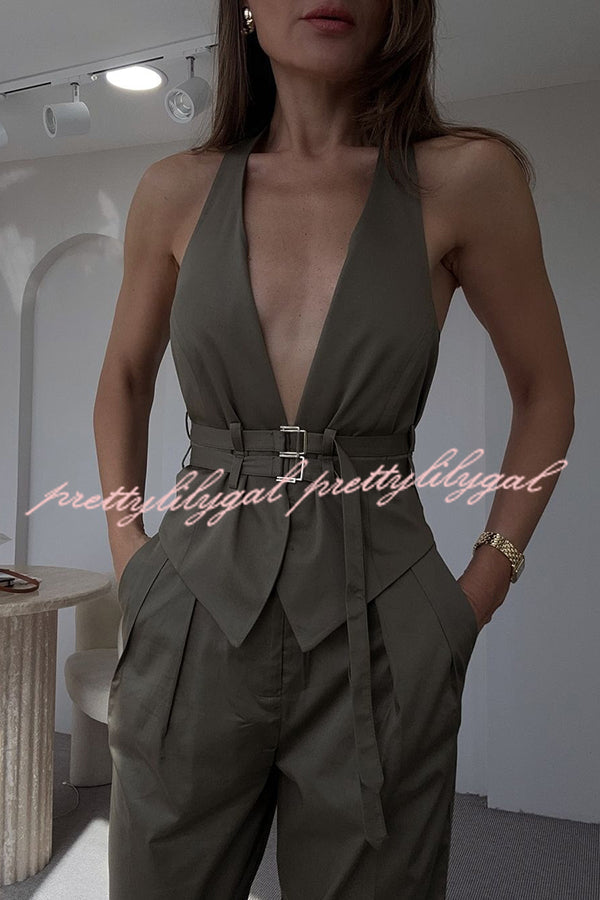 Sexy Backless Belted Waistcoat and Casual Pocket Pants Set