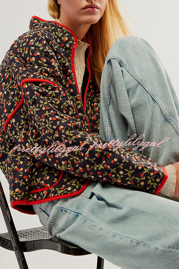 Floral Print Pocket Contrast Concealed Button Cotton Coat