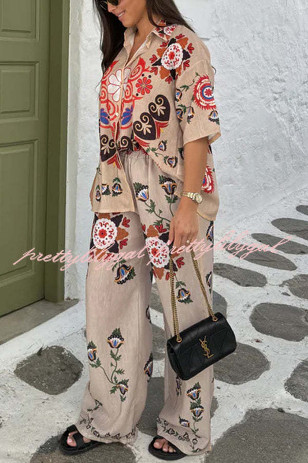 Fiji Ethnic Unique Printed Casual Shirt and Elastic Waist Wide Leg Pants Set