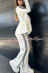 Sporty Mixed Formal Striped Trim Lapel Blazer and Elastic Waist Pocket Loose Pants Set