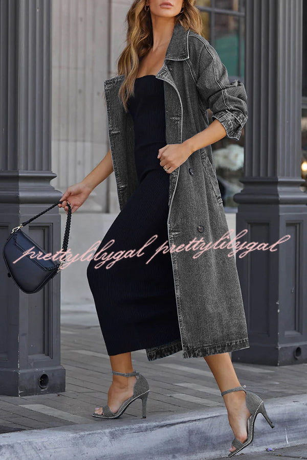 Solid Color Denim Double Pocket Button Down Midi Trench Coat