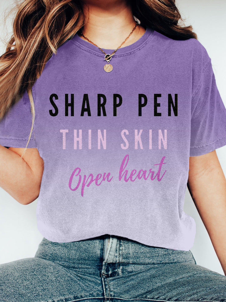 Sharp Pen Thin Skin Open Heart Purple Gradient Washed T Shirt