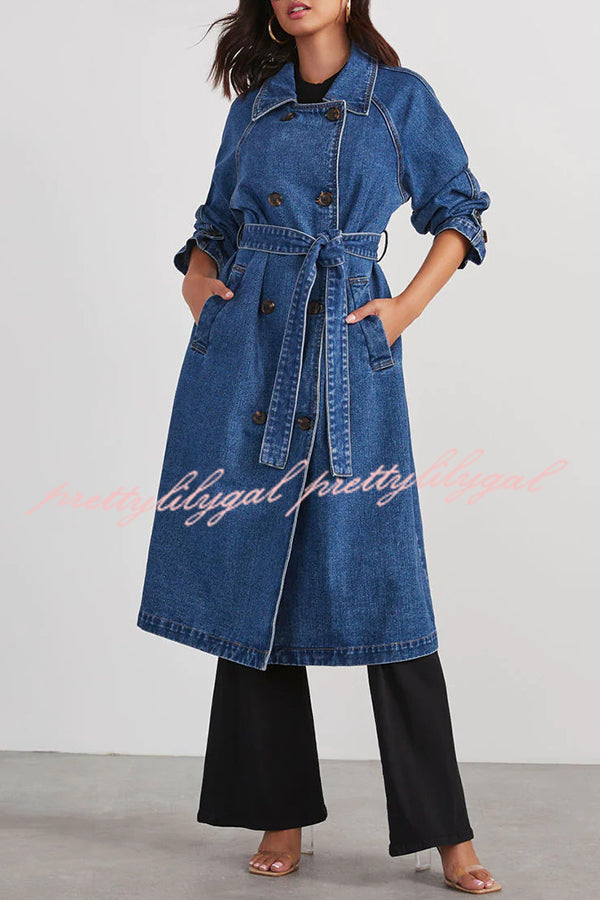 Solid Color Denim Double Pocket Button Down Midi Trench Coat