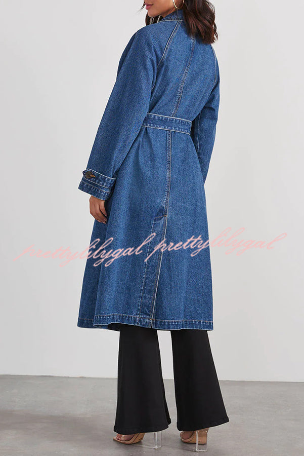 Solid Color Denim Double Pocket Button Down Midi Trench Coat