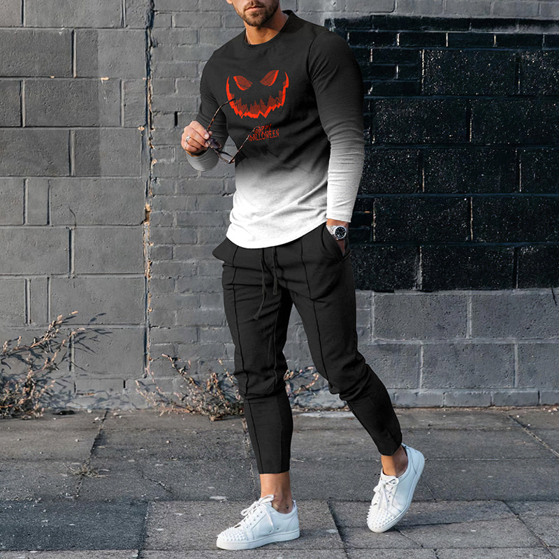 Black Gradient Halloween T-Shirt And Pants Two Piece Set