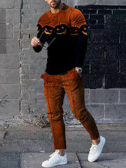 Stylish Halloween Pumpkin Print Long Sleeve T-Shirt And Pants Matching