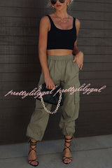 Let's Rewind Nylon Elastic Waist Pocketed Cargo Pants