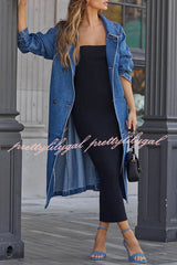 Solid Color Denim Double Pocket Button Down Midi Trench Coat