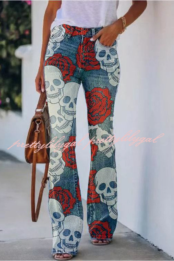 On A Drive Printed Faux Denim High Rise Flare Pants