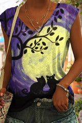 Casual Moon Cat Print Sleeveless Tank Top