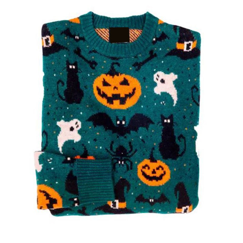 Retro Fall Ghost Halloween Black Cat Printed Women's Sweater