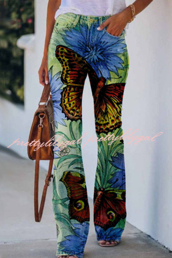 On A Drive Printed Faux Denim High Rise Flare Pants