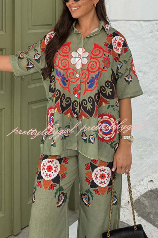 Fiji Ethnic Unique Printed Casual Shirt and Elastic Waist Wide Leg Pants Set