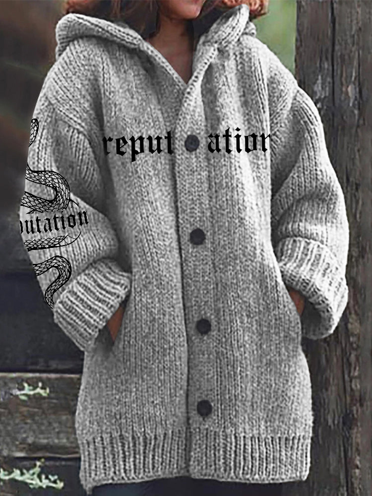 Reputation & Snake Graphic Cozy Knit Hooded Cardigan