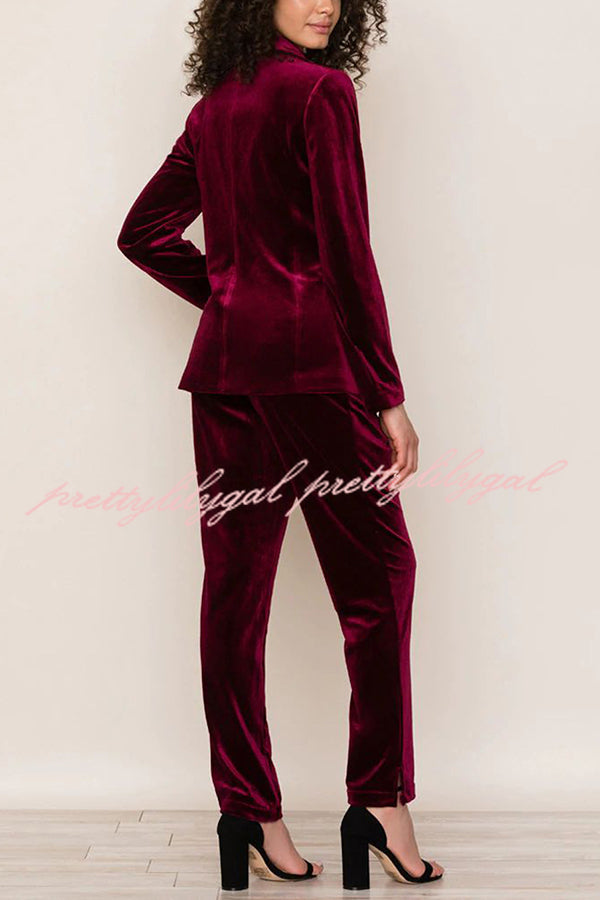 Solid Color Velvet Long-sleeve Blazer and Elastic Waist Pocket Pants Set