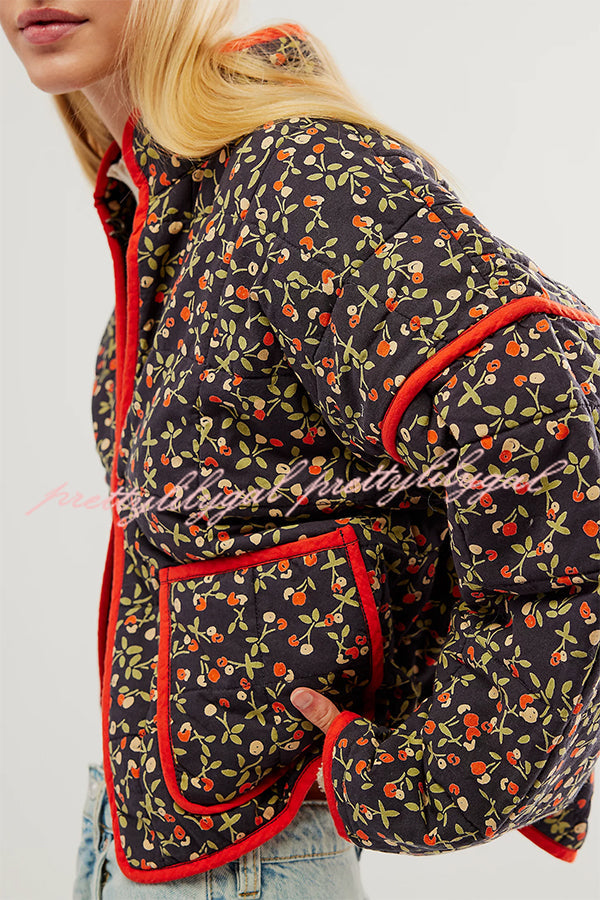 Floral Print Pocket Contrast Concealed Button Cotton Coat