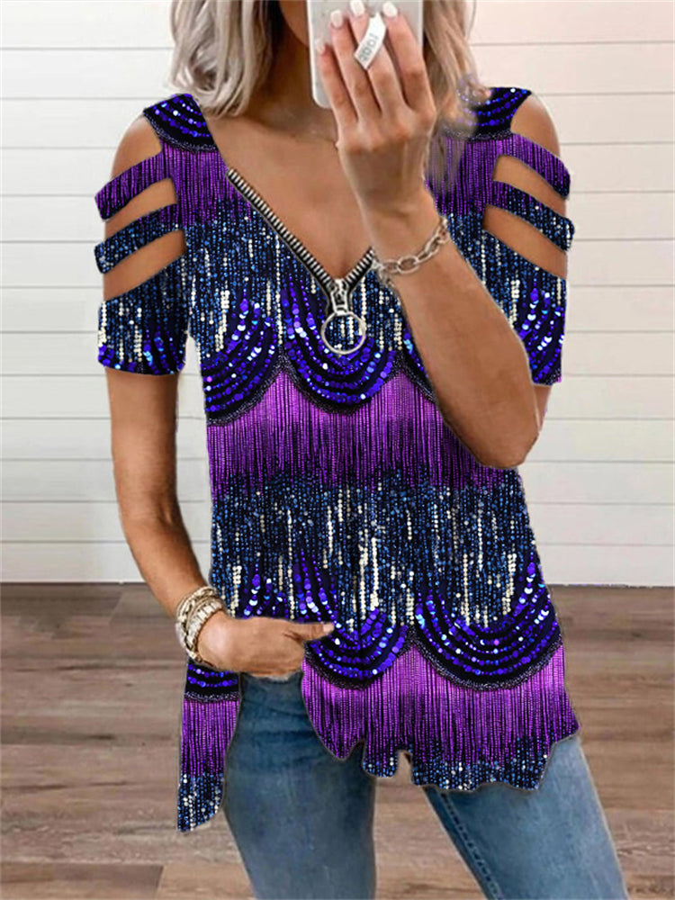 Fringe Glitter Pattern Hollow Out Zip Up T-Shirt