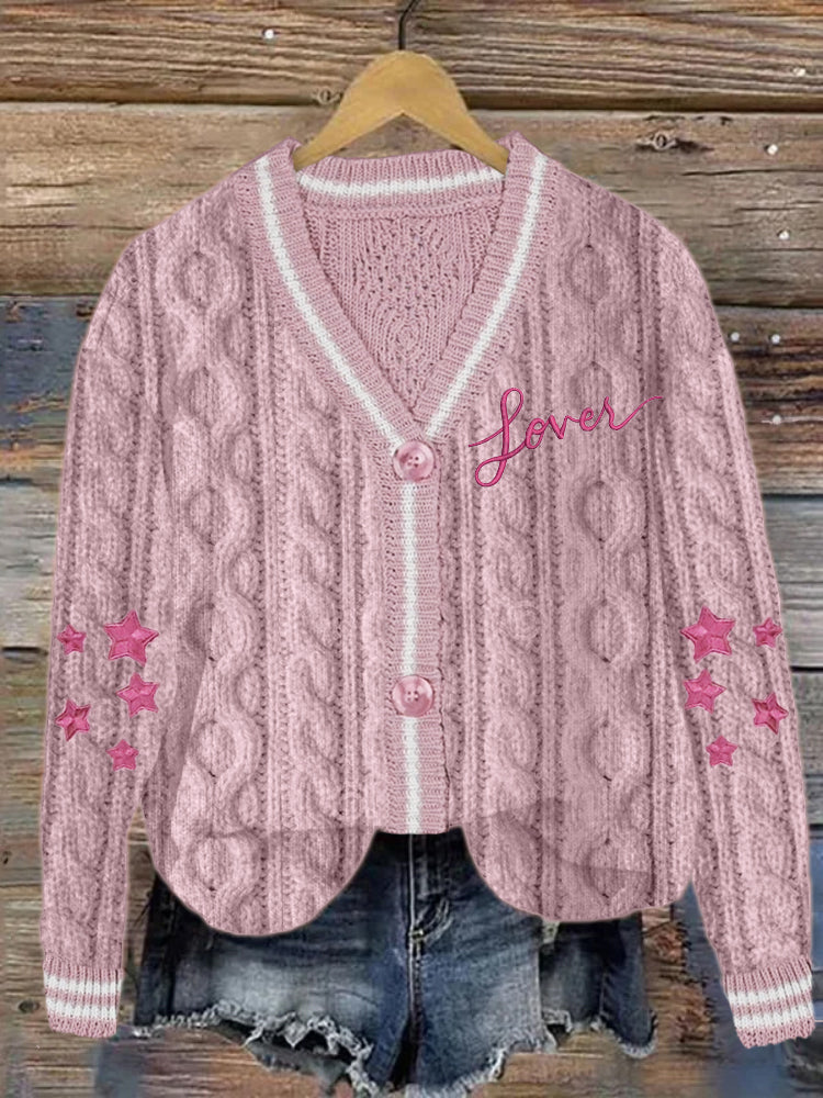 Lover Inspired Embroidered Cable Knit Cardigan