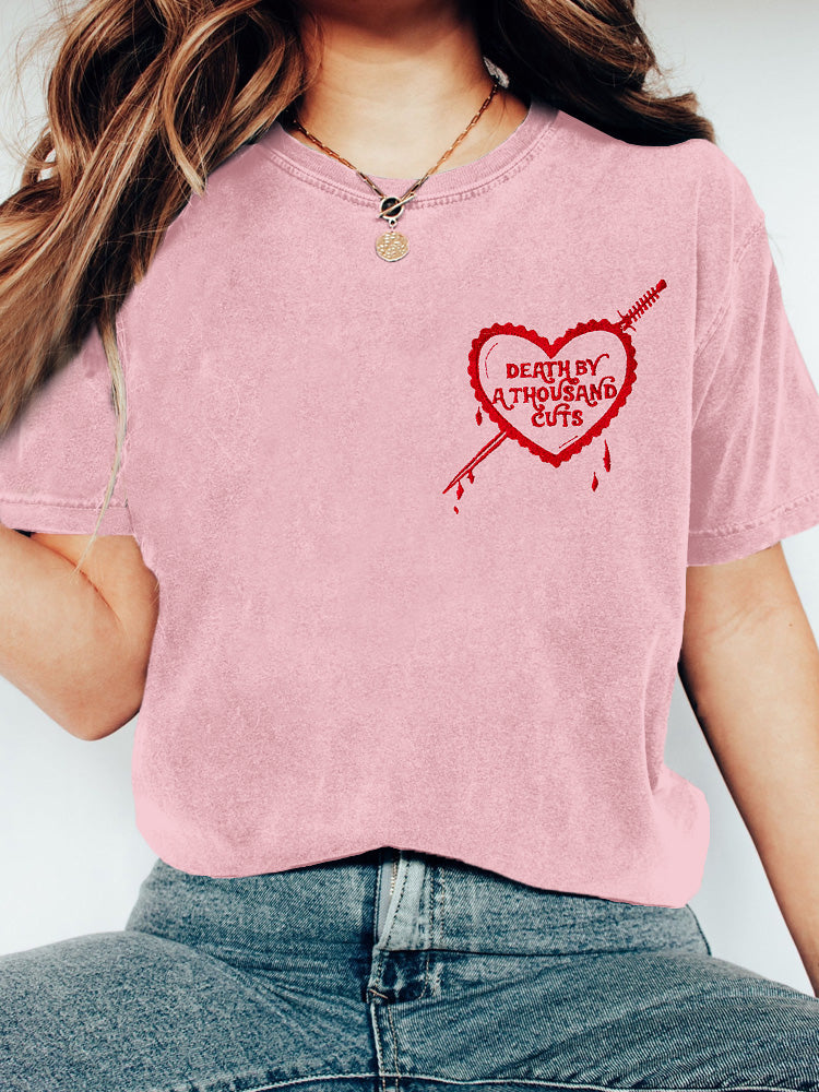 Death by a Thousand Cuts Heart Embroidered Washed T Shirt