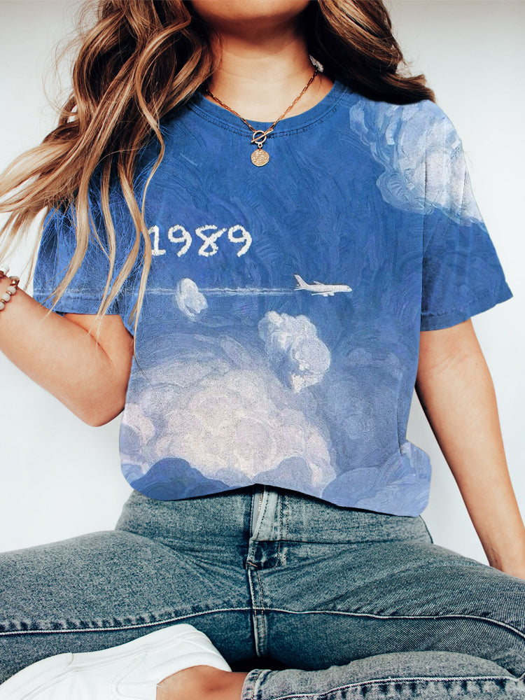 1989 Oil Painting Sky Print Short Sleeve T-Shirt