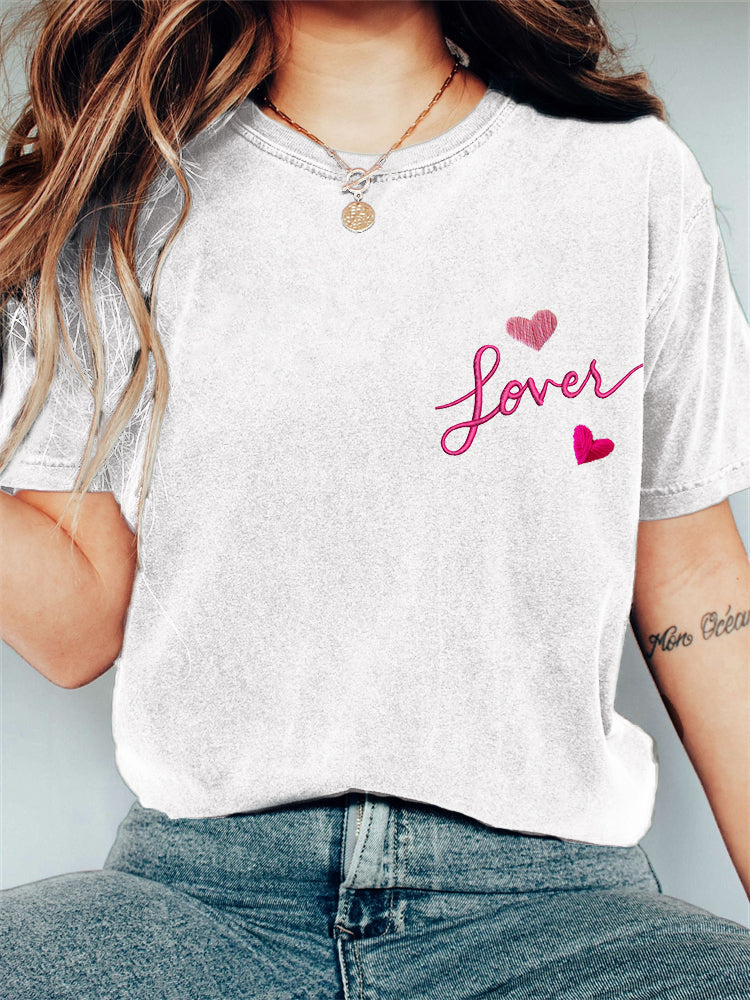 Lover Heart Embroidered Vintage Washed T Shirt