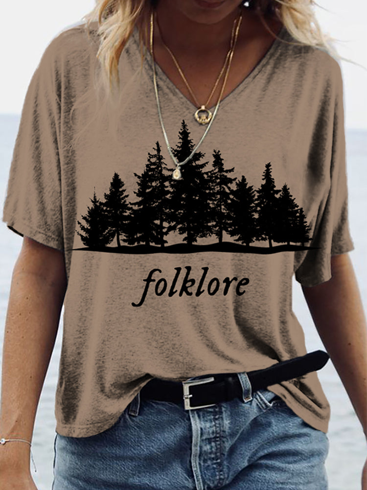 Folklore Music Album And Nature Print Graphic V-Neck T-Shirt