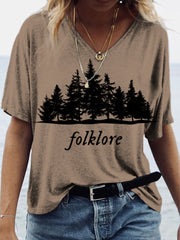 Folklore Music Album And Nature Print Graphic V-Neck T-Shirt