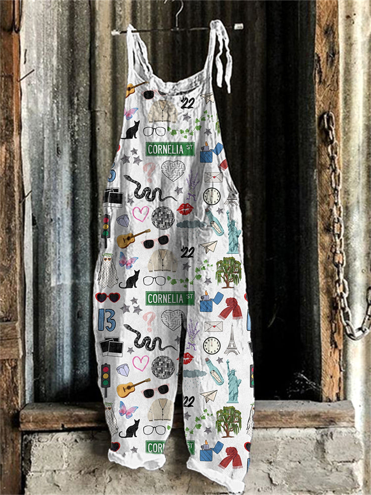 Music Album Print Linen Blend Casual Jumpsuit