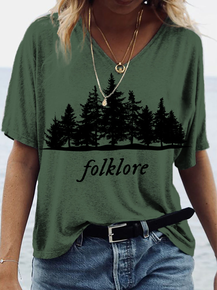 Folklore Music Album And Nature Print Graphic V-Neck T-Shirt