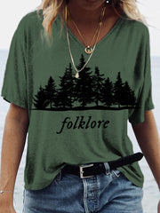 Folklore Music Album And Nature Print Graphic V-Neck T-Shirt