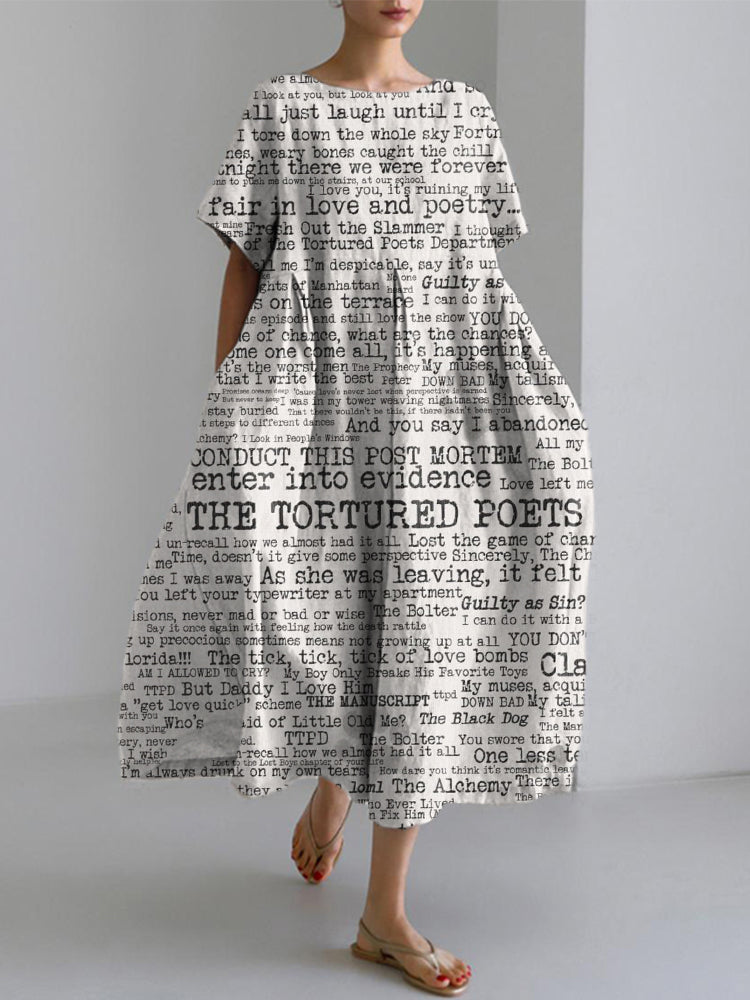 New Album Lyrics Print Linen Blend Vintage Dress