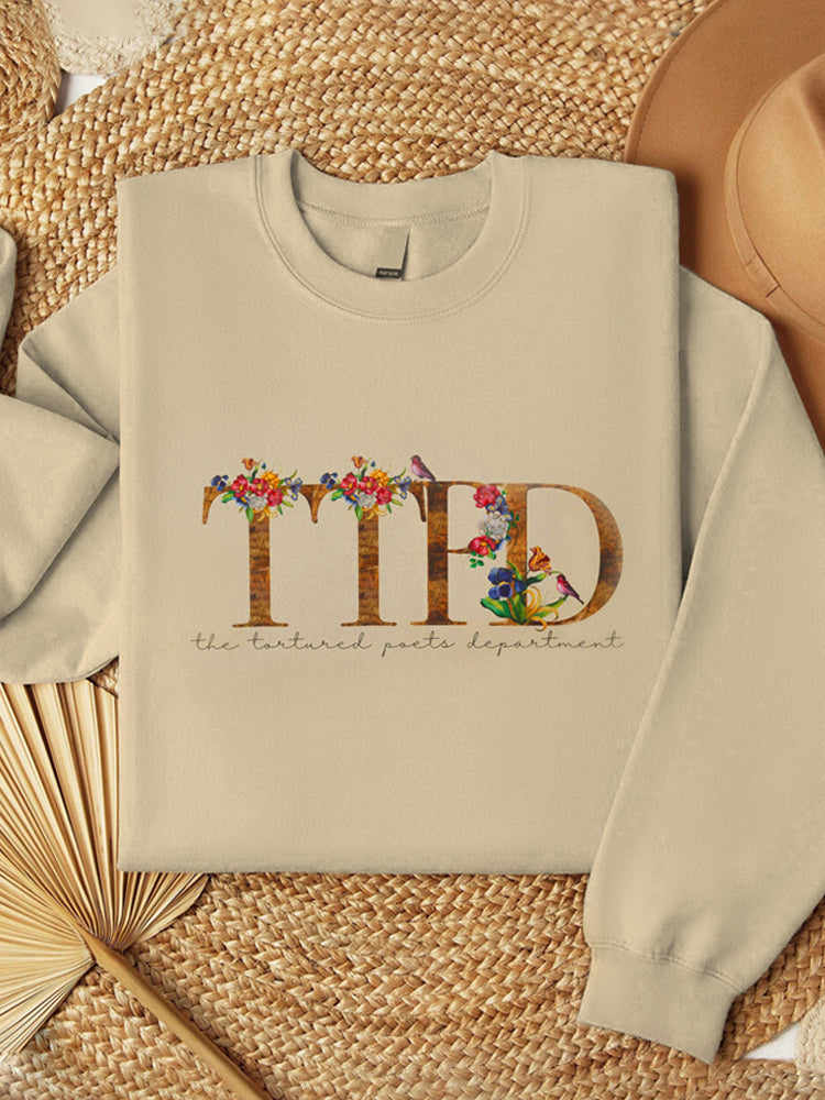 Floral & Text Art Print Crew Neck Sweatshirt