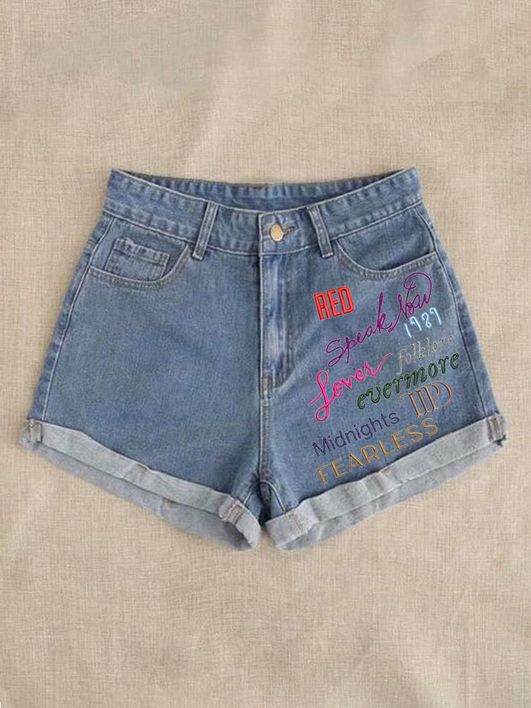 Music Name Embroidery Pattern Women's Denim Shorts